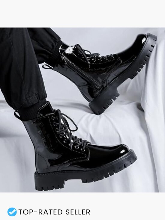 Black Patent Leather Platform Combat Boots Men\'s Chunky Lug Sole Lace Up Side main image 5